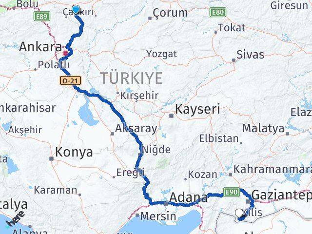 Çankırı Orta Kilis Arası Kaç Km - Yol Haritası