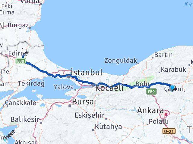 Çankırı Orta Kırklareli Arası Kaç Km - Yol Haritası