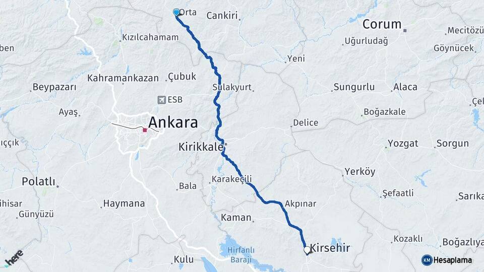 Çankırı Orta Kırşehir Arası Kaç Km - Yol Haritası
