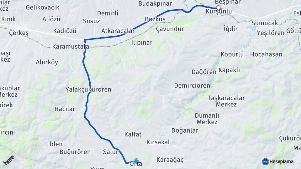 Çankırı Orta Kurşunlu Arası Kaç Km - Yol Haritası