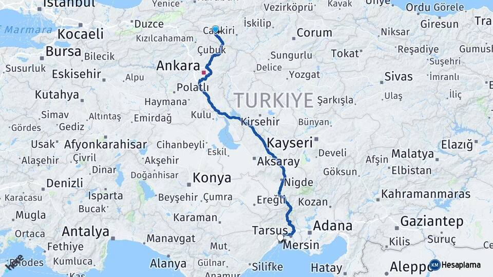 Çankırı Orta Mersin Arası Kaç Km - Yol Haritası