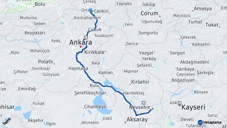 Çankırı Orta Nevşehir Arası Kaç Km - Yol Haritası