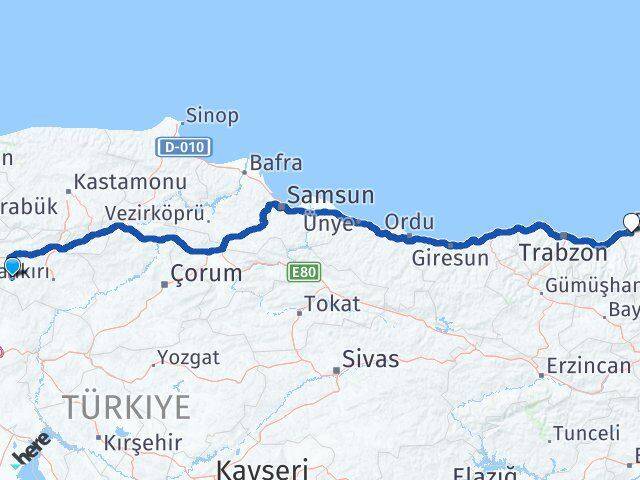 Çankırı Orta Rize Arası Kaç Km - Yol Haritası
