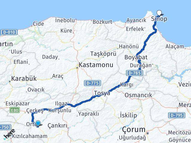 Çankırı Orta Sinop Arası Kaç Km - Yol Haritası