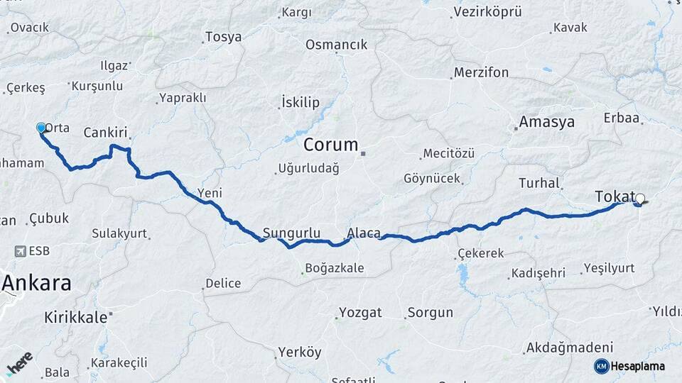 Çankırı Orta Tokat Arası Kaç Km - Yol Haritası