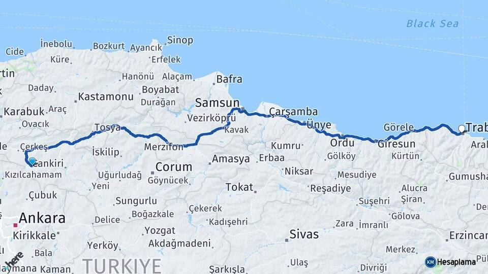 Çankırı Orta Trabzon Arası Kaç Km - Yol Haritası