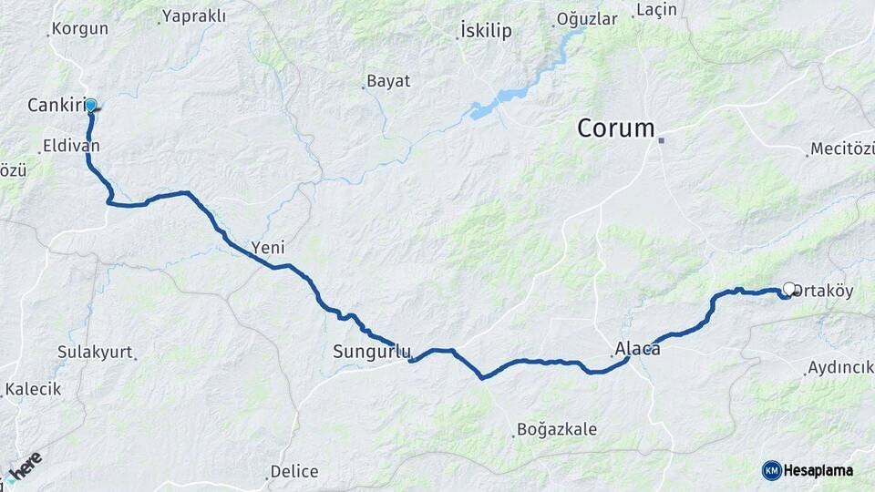 Çankırı Ortaköy Çorum Arası Kaç Km - Yol Haritası
