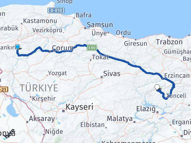 Çankırı Ovacık Tunceli Arası Kaç Km - Yol Haritası