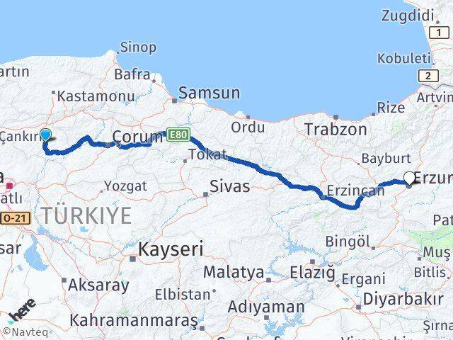Çankırı Palandöken Erzurum Arası Kaç Km - Yol Haritası