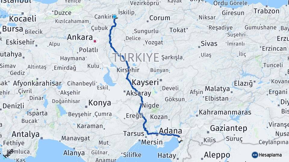 Çankırı Payas Hatay Arası Kaç Km - Yol Haritası