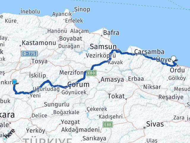 Çankırı Perşembe Ordu Arası Kaç Km - Yol Haritası