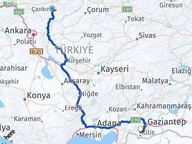 Çankırı Polateli Kilis Arası Kaç Km - Yol Haritası