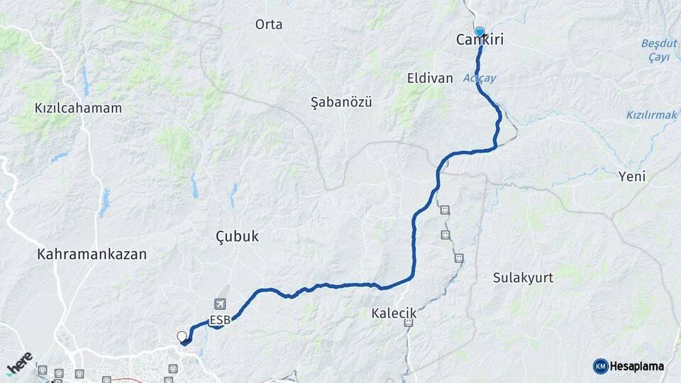 Çankırı Pursaklar Ankara Arası Kaç Km - Yol Haritası