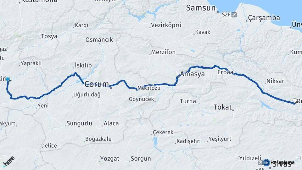 Çankırı Reşadiye Tokat Arası Kaç Km - Yol Haritası