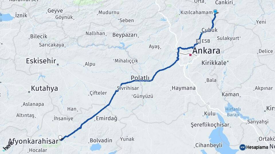 Çankırı Şabanözü Afyonkarahisar Arası Kaç Km - Yol Haritası