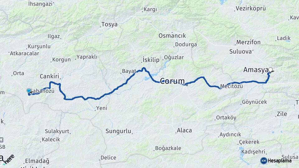 Çankırı Şabanözü Amasya Arası Kaç Km - Yol Haritası