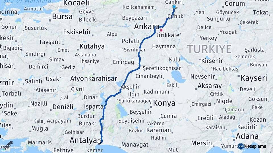 Çankırı Şabanözü Antalya Arası Kaç Km - Yol Haritası
