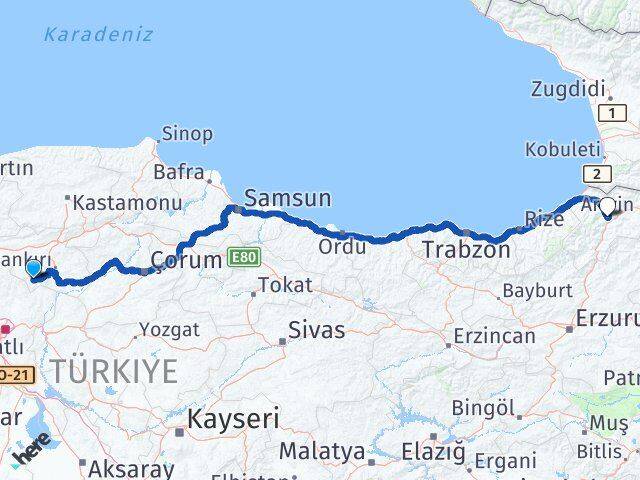 Çankırı Şabanözü Artvin Arası Kaç Km - Yol Haritası
