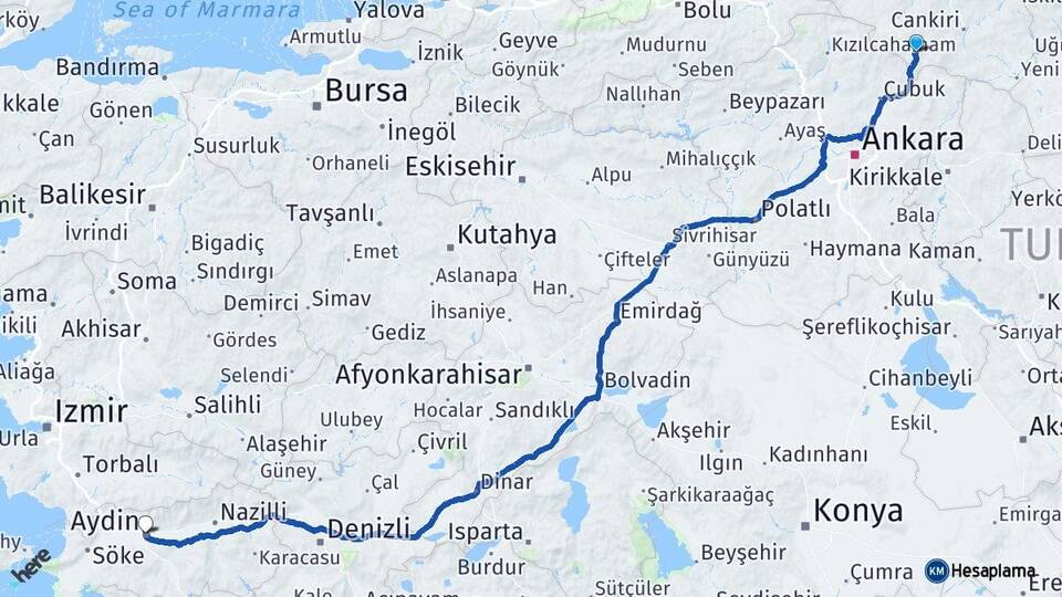 Çankırı Şabanözü Aydın Arası Kaç Km - Yol Haritası