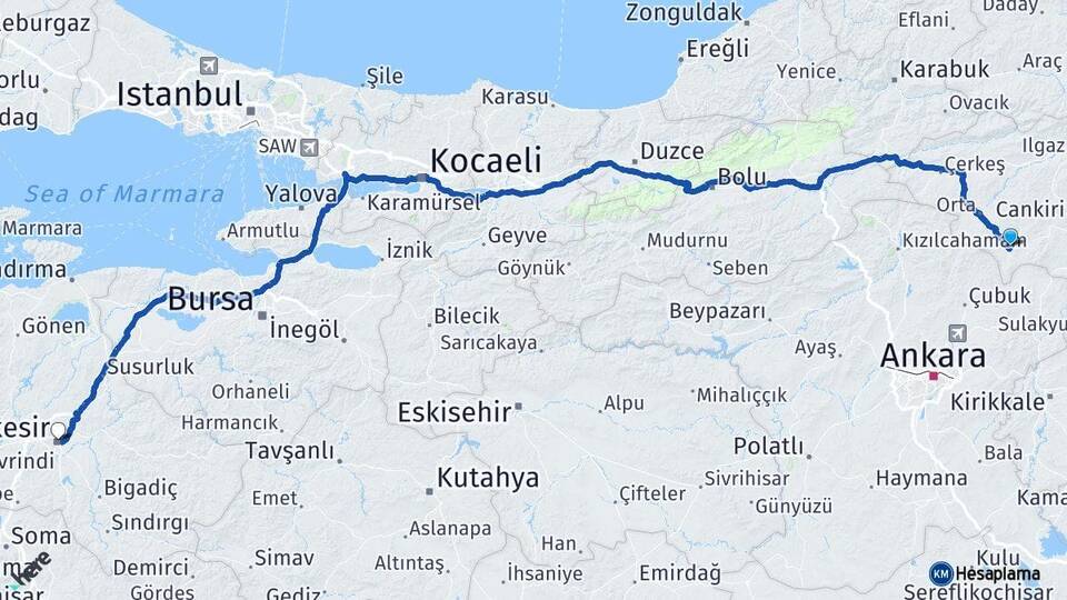 Çankırı Şabanözü Balıkesir Arası Kaç Km - Yol Haritası