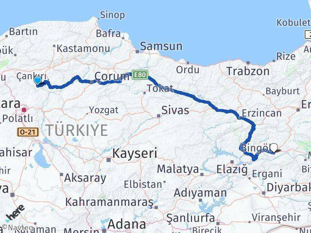 Çankırı Şabanözü Bingöl Arası Kaç Km - Yol Haritası