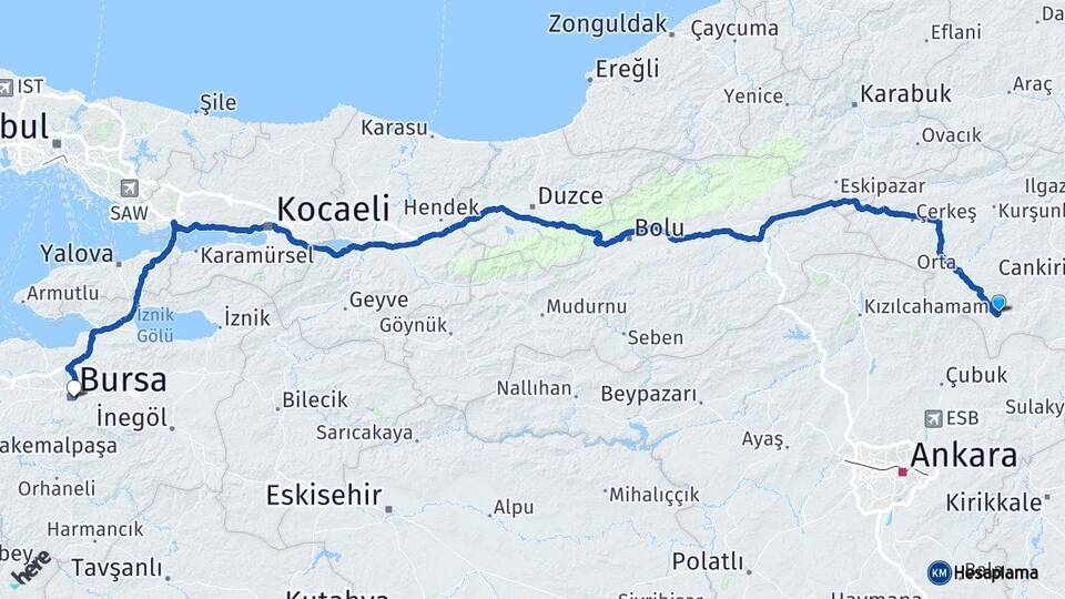 Çankırı Şabanözü Bursa Arası Kaç Km - Yol Haritası