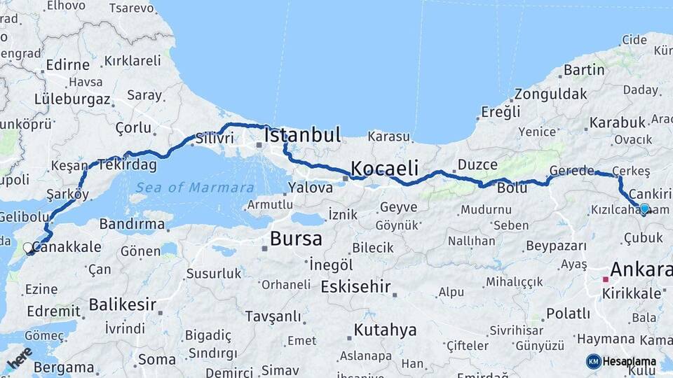Çankırı Şabanözü Çanakkale Arası Kaç Km - Yol Haritası