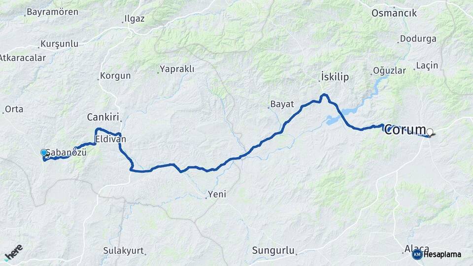 Çankırı Şabanözü Çorum Arası Kaç Km - Yol Haritası