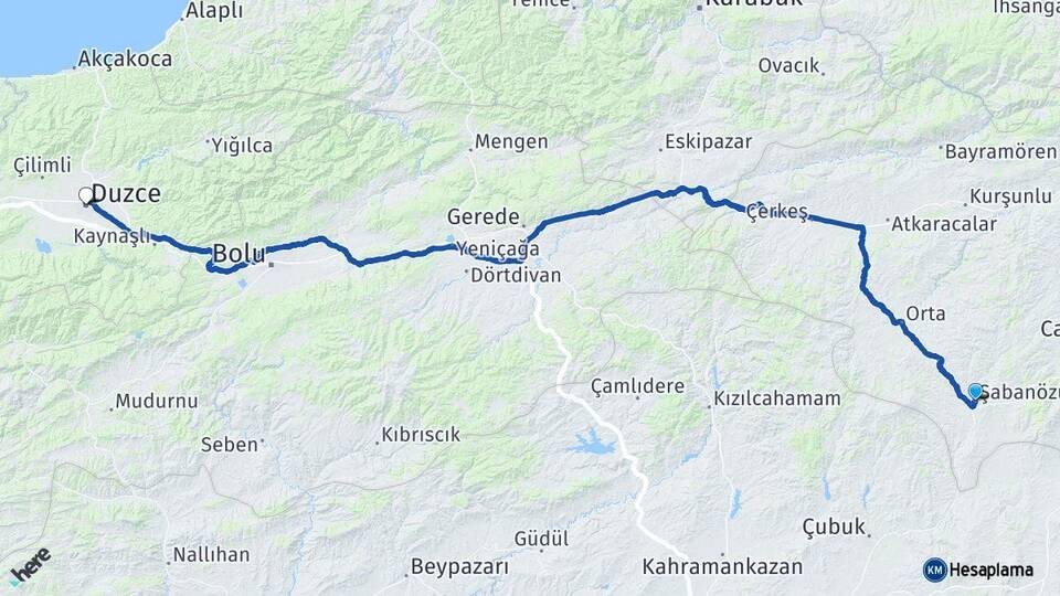 Çankırı Şabanözü Düzce Arası Kaç Km - Yol Haritası
