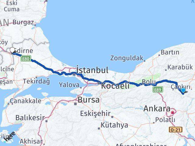 Çankırı Şabanözü Edirne Arası Kaç Km - Yol Haritası