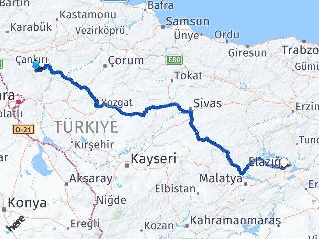 Çankırı Şabanözü Elazığ Arası Kaç Km - Yol Haritası