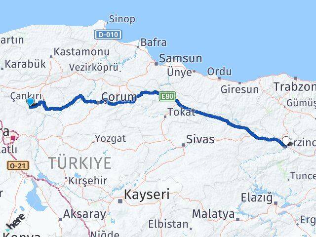 Çankırı Şabanözü Erzincan Arası Kaç Km - Yol Haritası