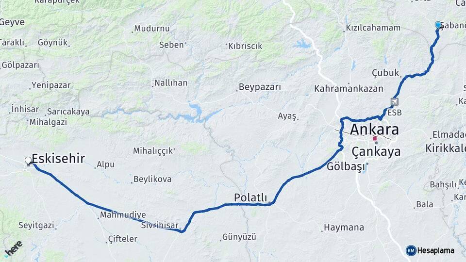 Çankırı Şabanözü Eskişehir Arası Kaç Km - Yol Haritası