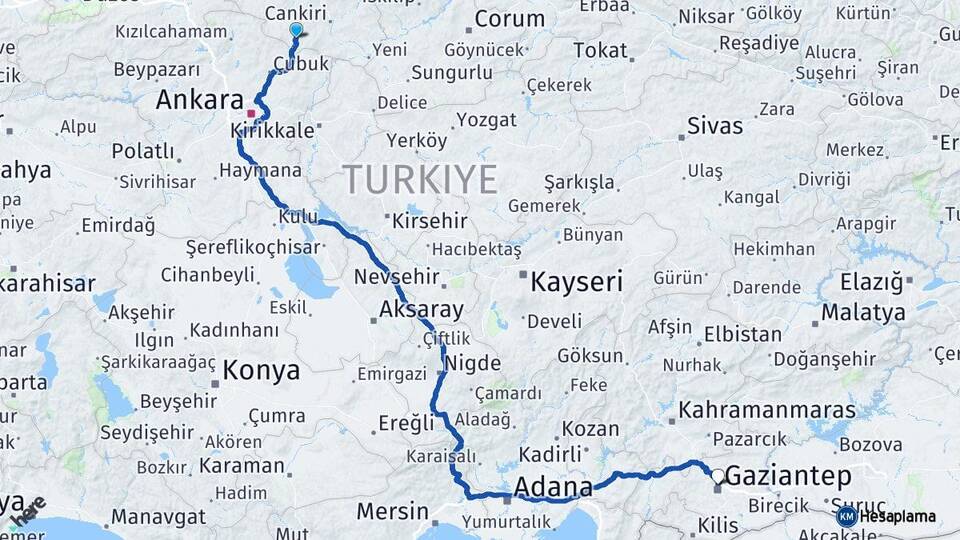 Çankırı Şabanözü Gaziantep Arası Kaç Km - Yol Haritası