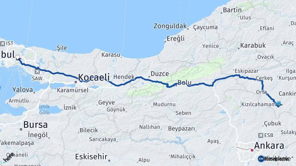 Çankırı Şabanözü İstanbul Arası Kaç Km - Yol Haritası