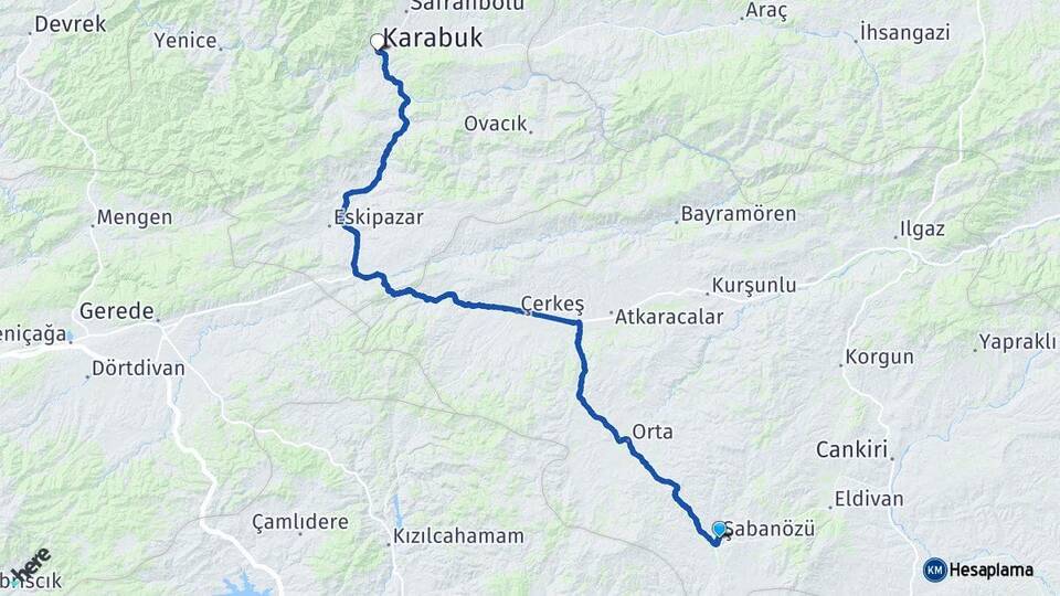 Çankırı Şabanözü Karabük Arası Kaç Km - Yol Haritası
