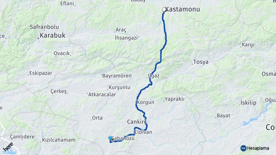 Çankırı Şabanözü Kastamonu Arası Kaç Km - Yol Haritası