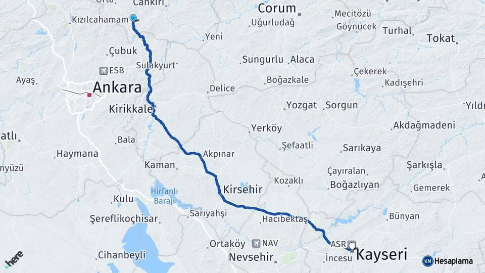 Çankırı Şabanözü Kayseri Arası Kaç Km - Yol Haritası