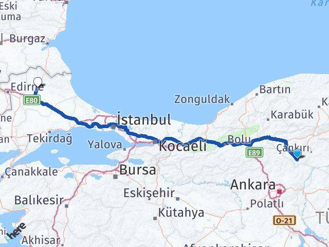 Çankırı Şabanözü Kırklareli Arası Kaç Km - Yol Haritası