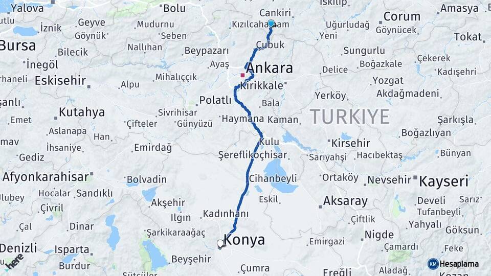 Çankırı Şabanözü Konya Arası Kaç Km - Yol Haritası