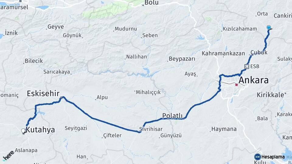 Çankırı Şabanözü Kütahya Arası Kaç Km - Yol Haritası