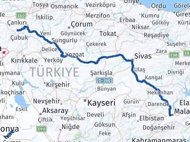 Çankırı Şabanözü Malatya Arası Kaç Km - Yol Haritası