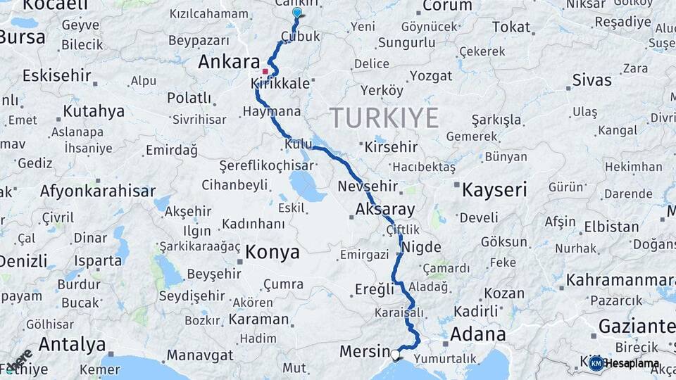 Çankırı Şabanözü Mersin Arası Kaç Km - Yol Haritası