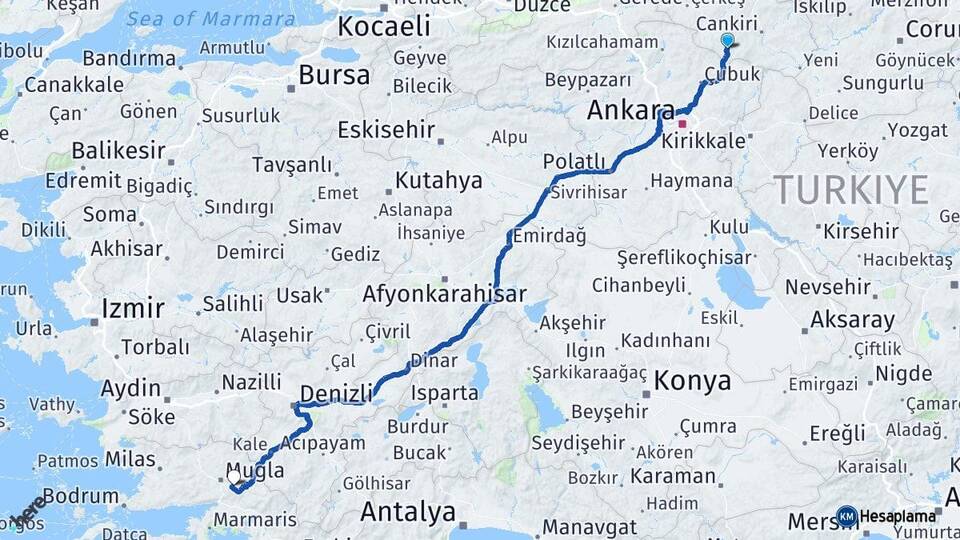 Çankırı Şabanözü Muğla Arası Kaç Km - Yol Haritası