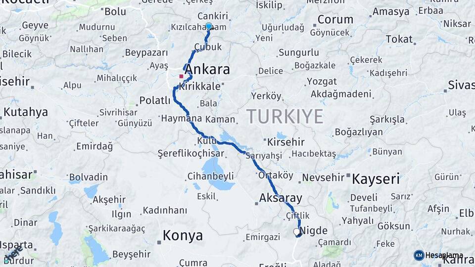 Çankırı Şabanözü Niğde Arası Kaç Km - Yol Haritası