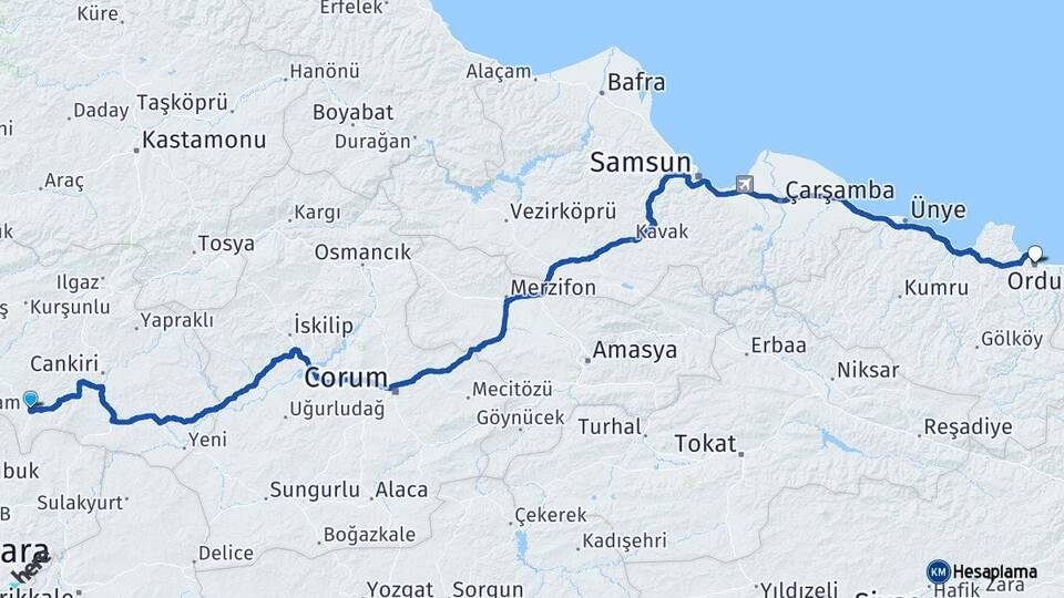 Çankırı Şabanözü Ordu Arası Kaç Km - Yol Haritası