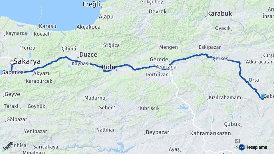 Çankırı Şabanözü Sakarya Arası Kaç Km - Yol Haritası