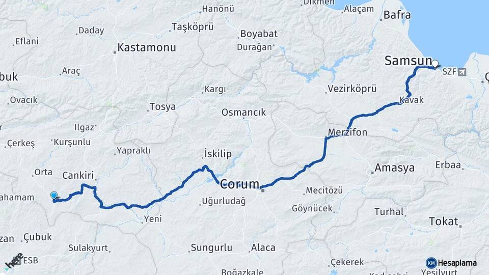 Çankırı Şabanözü Samsun Arası Kaç Km - Yol Haritası