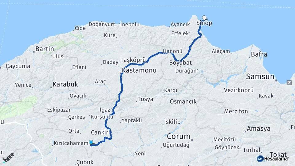 Çankırı Şabanözü Sinop Arası Kaç Km - Yol Haritası