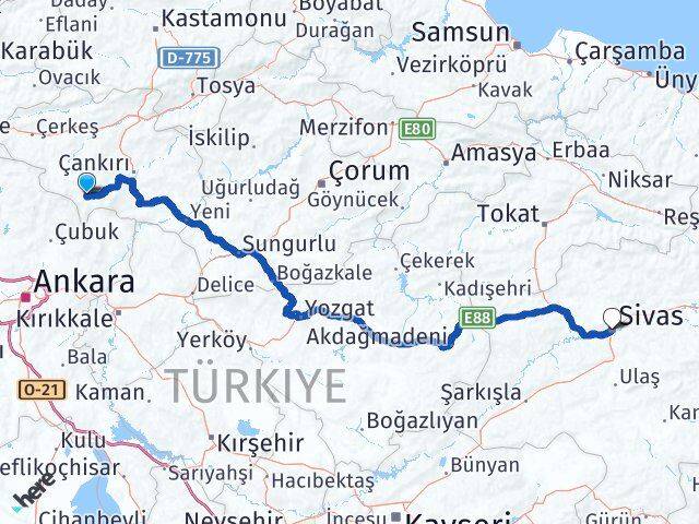 Çankırı Şabanözü Sivas Arası Kaç Km - Yol Haritası